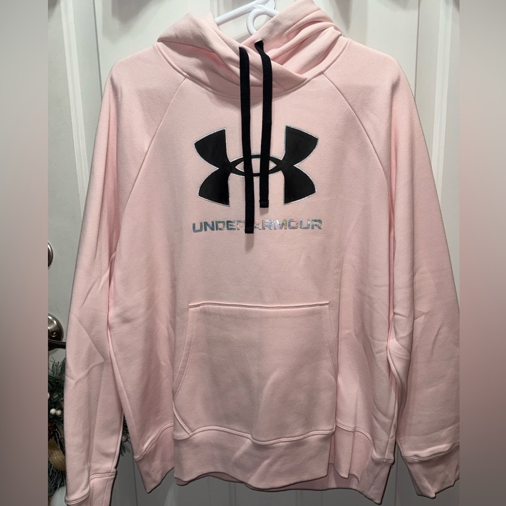 Under Armour Light Pink Hoodie with Black and Metallic Silver Logo